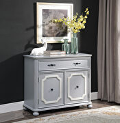 Gray finish double door cabinet with 2 tier shelves inside main photo