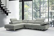Barts (Gray) LF Light gray leather left-facing sectional w/ moving headrests