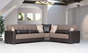 Reversible sleeper / storage sectional sofa in brown fabric / pu