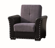 Brown pu leather / gray fabric chair w/ storage