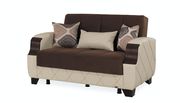 Two-toned brown/cream loveseat w/ storage