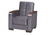 Gray microfiber chair w/ storage and wood arms