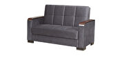 Gray microfiber loveseat w/ storage and wood arms