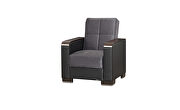 Gray microfiber / black pu chair w/ storage and wood arms