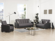 Gray microfiber / black pu sofa bed w/ storage and wood arms