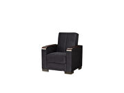 Black microfiber chair w/ storage and wood arms
