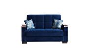 Blue microfiber loveseat w/ storage and wood arms
