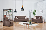 Brown microfiber sofa bed w/ storage and wood arms main photo