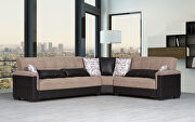 Fully reversible sand fabric / brown leather sectional