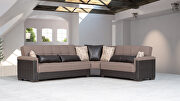 Fully reversible cocoa fabric / brown leather sectional