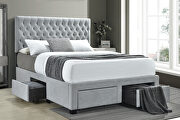 Soledad II E king storage bed upholstered in a light gray fabric