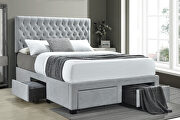 Queen storage bed upholstered in a light gray fabric main photo