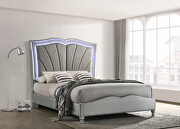 Queen bed upholstered in a light gray velvet fabric main photo