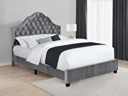 Eastern king size slat bed upholstered in a gray velvet