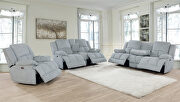 Power motion sofa upholstered in gray performance fabric