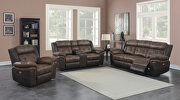 Power motion sofa in chocolate and dark brown exterior