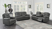 Power motion sofa upholstered in charcoal performance-grade leatherette