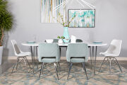 Matte white finish top oval dining table with chrome hairpin legs