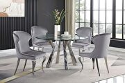 Alaia II (Gray) Round glass top dining table clear and chrome w/ gray chairs