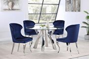 Alaia II (Navy) Round glass top dining table clear and chrome w/ blue chairs