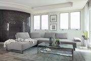 Taupe / gray woven fabric sectional w/ adjustable arm