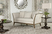Beige linen-like fabric upholstery with coffee finish wood loveseat
