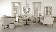 Beige linen-like fabric upholstery with coffee finish wood trim sofa main photo