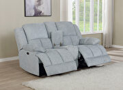 Motion loveseat upholstered in gray performance fabric