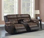 Motion loveseat upholstered in chocolate and dark brown exterior