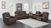 Motion sofa upholstered in brown performance-grade leatherette main photo