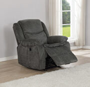 Glider recliner upholstered in charcoal performance-grade chenille