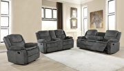 Motion sofa upholstered in charcoal performance-grade chenille
