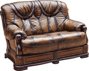 Genuine leather w/ wood trim loveset in two-toned brown