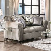 Glam style rolled arms gray / metallic linen loveseat