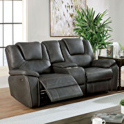 Dynamically upholstered gray faux-leather power recliner loveseat