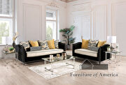 Black velvet upholstery and white knit cushions sofa main photo