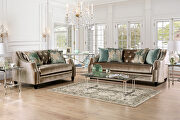 Elicia (Champagne) Transitional style champagne/ turquoise chenille fabric sofa