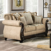 Ornately carved wood details tan/ brown chenille fabric loveseat
