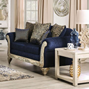 Lustrous soft chenille and distressed natural ivory-finished wood loveseat