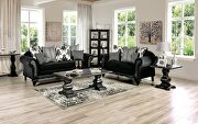 Lustrous soft chenille and polished ebony-finished wood pair sofa