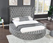 Hazel (Gray) Round gray velvet glam style queen bed w/ storage in rails