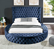 Hazel (Navy) Round navy velvet glam style king bed w/ storage in rails