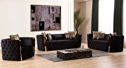 Button tufted sofa with velvet fabric and gold accent in black