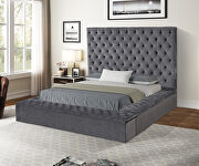 Nora (Gray) Square gray velvet glam style queen bed w/ storage in rails