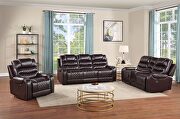 Power reclining sofa made with leather gel upholstery in espresso