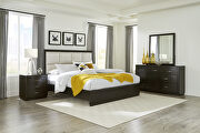 Dark charcoal finish and beige fabric upholstered headboard queen platform bed
