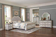 Antique white finish and gray button-tufted fabric upholstered headboard queen bed