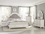 Antique white finish and gray button-tufted fabric headboard queen bed