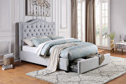 Gray fabric upholstery button-tufted headboard queen platform bed with storage drawers main photo