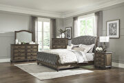 Weathered pecan finish velvet fabric upholstery queen bed